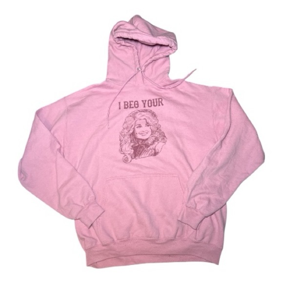 Port and Company Tops - Dolly Parton Pink Graphic "I BEG YOUR PARTON" Pullover Hoodie Large